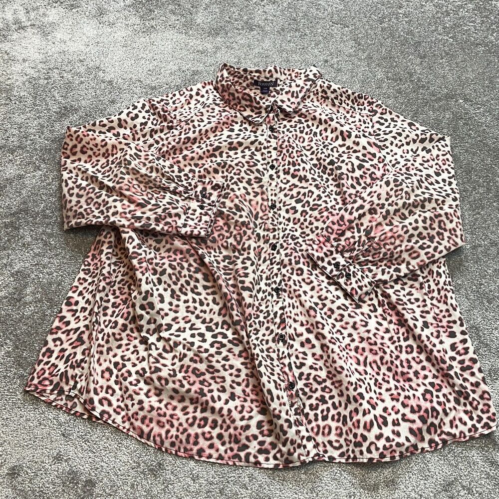 Roman's Blouse Button Up Shirt Womens 34 W White Pink Leopard Pring Long Sleeve